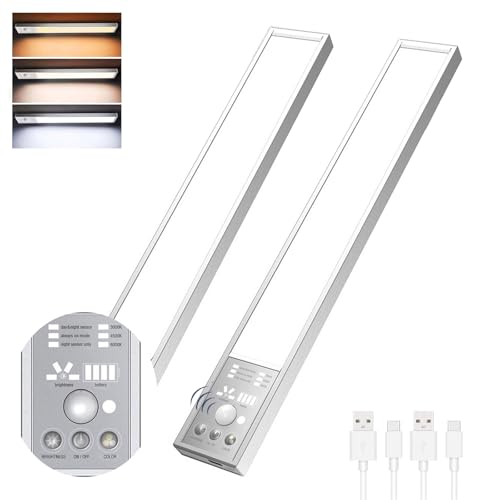 2Pack Under Cabinet Lights 3000mAh Rechargeable,3 Color Temps,30CM Wireless LED Strip Lights Bar Battery Operated,Stick on Under Counter Lights for Kitchen,Stairs,Wardrobe(Sliver)