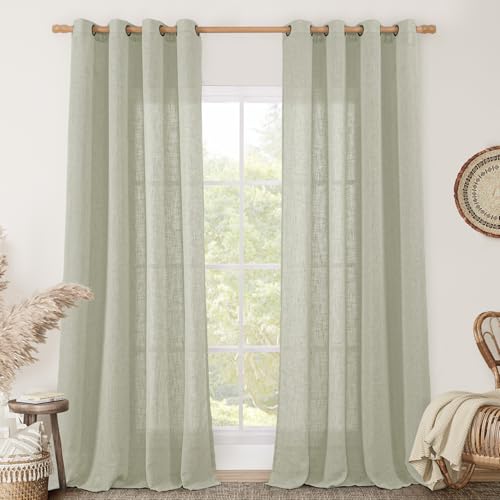 Image of LAMIT 95 Inches Long Sheer Linen Curtains for Living Room 2 Panels, Light Filtering Country Rustic Drapes Farmhouse Window Treatment with Bronze Grommet for Bedroom, Sage Grey, 52 x 95 Inch
