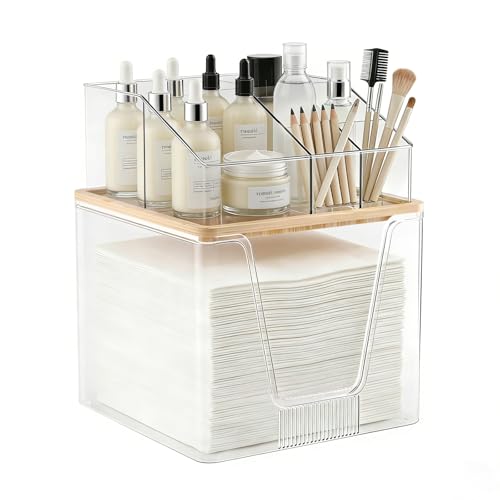 2 in 1 Disposable Facial Towel Holder and Cosmetic Organizer Clear Storage with Bamboo Lid Compatible with Clean Skin Club Towel XL Stackable Vanity Organizer for Bathroom Vanity Counter (1 Pack)