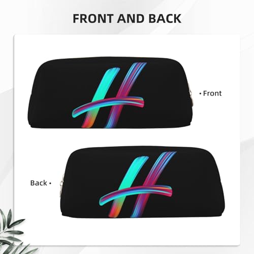 Image of Cute Initial Pencil Case for Kids Simple Leather Pencil Pouch for Boys Girls Letter Design Pencil Box Pen Bag Pencil Pouch Office Stationery Organizer, Rainbow Letter H