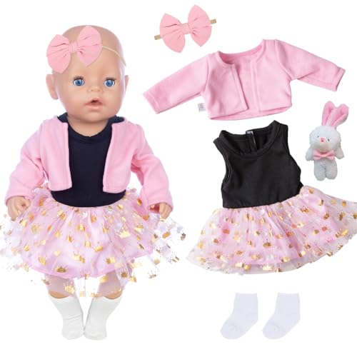 5 Stück Süßes Puppenkleidung für 35-43cm Puppen, 14-18 Zoll Baby Puppen Kleidung mit Tüllrock Rosa Jacke Schleife Socken Kaninchenpuppe Kompatibel mit Annabelle Puppen