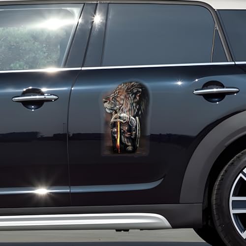 Image of Premium Jesus Car Decal - Lion of Judah with Fighter Warrior Design - Durable & Waterproof Christian Vinyl Sticker for Car, Truck, Window, Laptop, Bumper - 12 x 8 Inches
