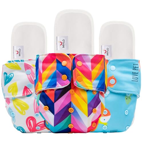 Image of Mylo Leak Proof Baby Cloth Diaper Combo (3 Diaper & 3 Inserts) for 3 Months to 3 Years Babies | Oeko Tex Certified Washable & Reusable Baby Cloth Diaper | Free Size - Rainbow+floral +Heart Print