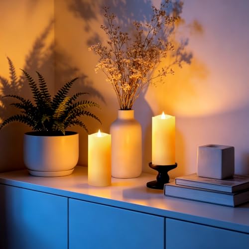 Image of Flameless LED Candles 3 inchx7 inch Set of 2, Battery Operated with Remote & Timer, 600-Hour on 2 AA Batteries, Flickering Realistic Flame, Ivory for Indoor /Outdoor