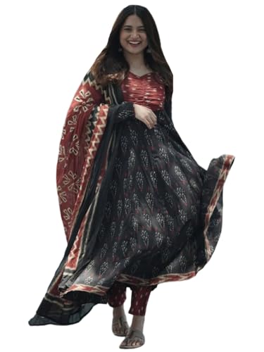 Image of ANNI Designer Women's Rayon Viscose Anarkali Kurta Set with Pant and Dupatta | Stylish Long Kurti Dress for Festive, Party, and Ethnic Wear