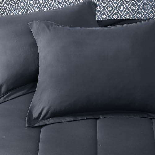 Image of Monbix Full Size Comforter Set - 7 Pieces Bed in a Bag Full, Blue Grey Track Stitching Bedding Sets, All Seasons Comforter Bed Set with Sheets, Pillowcases & Shams