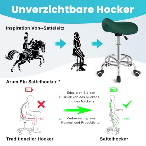 Sattelhocker Ergonomisch - Bequemer Sattelstuhl mit einem breiten Sattelsitzkissen, drehbarer, verstellbarer Sattelhocker mit Rollen und Ringpedal für Medizin,Massage, Salon, Schwarz & Grün Set