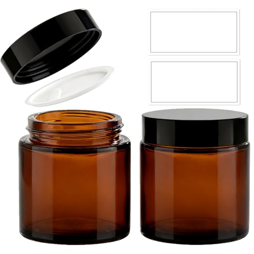 TUZAZO 4oz Amber Glass Jars with Lids, 2 Pack Round Small Glass Jars with Inner Liners & Stickers Reusable Empty Cosmetic Containers for Lotions, Body Butters, Creams, Powders, Candles