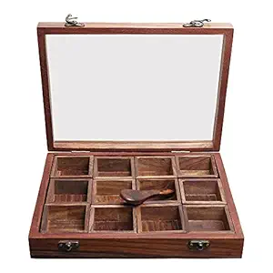 Pick End Now Spice/Masala Box with Lid - 12 Containers in Sheesham Wood, Multipurpose Decorative Boxes | Product Dimensions - 10.2x8x2 Inch, Weight - 800Gm