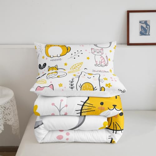 Image of Feelyou Cute Kitten Twin Comforter Set, Kawaii Pet Cats Cartoon Comforter Set for Kids, Girls, Cat Lover's Animal Themed Duvet Set, Microfiber Quilt Set