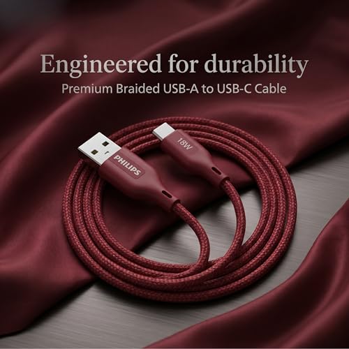 Image of PHILIPS DLC4160AI /94 18W Type-A to Type-C Fast Charging Cable (2m, Iron Red) | Nylon Braided | Compatible with iPhone 15+ Series, USB-C iPad Models, Samsung Galaxy & All Type C Devices