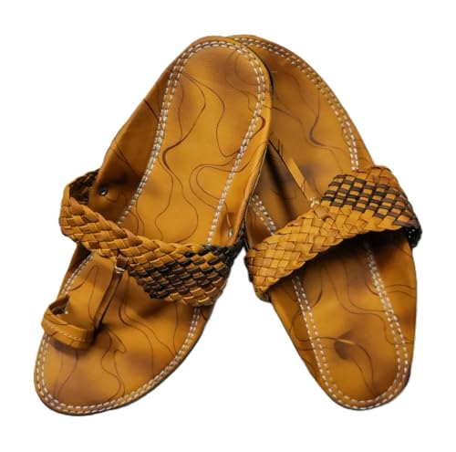 Image of Agadi Handcrafted Men's Tan Vegan Leather Kolhapuri Chappals - Traditional Ethnic V-Strap Sandals with Braided Detail and Iconic Pointed Toe (Tok)