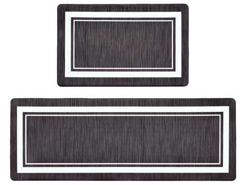 OnesCosy Dark Grey Kitchen Rugs Set of 2, Anti Fatigue Mats for Kitchen Floor, Waterproof Cushioned Rug, Non Slip Washable Memory Foam Mat for Standing, Sink, Stove, Charcoal Grey and White Border