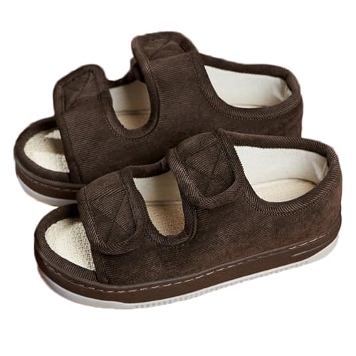 Pantofole gonfie per diabetici da uomo, vestibilità larga, con punta aperta, extra larghe, per edema, regolabili, comode, per anziani, antiscivolo, per casa e per interni, Marrone, 45-46 EU