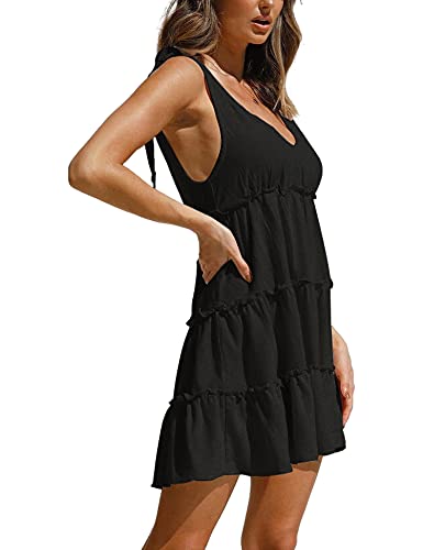 Image of AIMCOO Women's Sleeveless Tie Shoulder Tiered Frill Swing Dress V Neck High Waist Loose Dresses Solid Mini Babydoll Dress