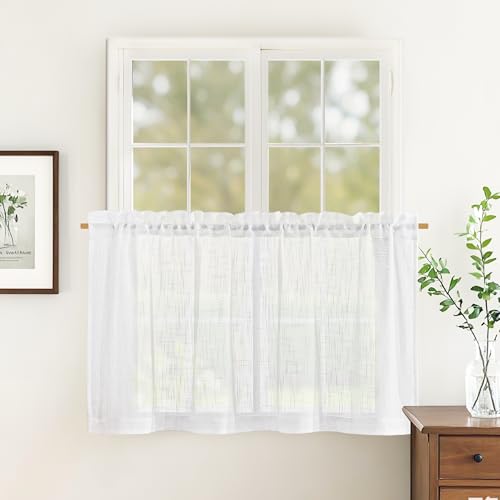PONY DANCE Scheibengardinen Kurz Gardinen Wohnzimmer Vorhang Weiss Halbransparent Leinenoptik Bistrogardine Küche mit Stangedurchzug 1er Set B 130 x H 120 cm, Weiß
