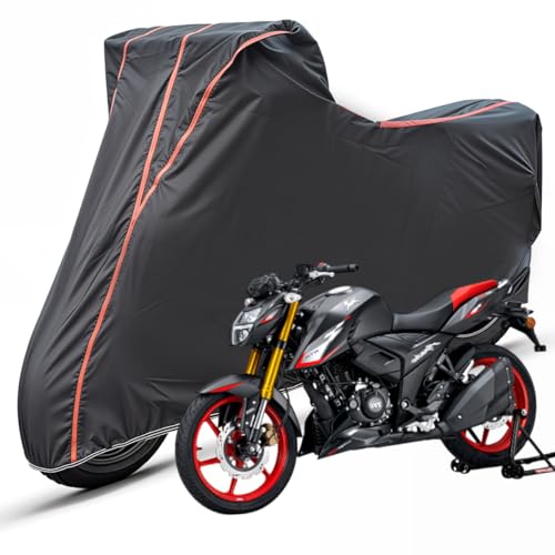 Image of Two Wheelers Bike Body Cover Compatible for TVS Apache RTR 200 4V, UV Resistant, Dustproof, Triple Stitched, Elastic Bottom, Red Piping Motorcycle Cover (Black, Pack of 1)