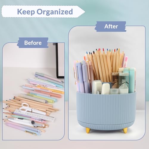 SKYDUE 360 Degree Rotating Desk Organizer, Dual-Purpose Pencil Pen Holder, Rotating Desk Pen Organizer with 5 Slots, Pencil Cup for Office, School, Home (Airy Blue)