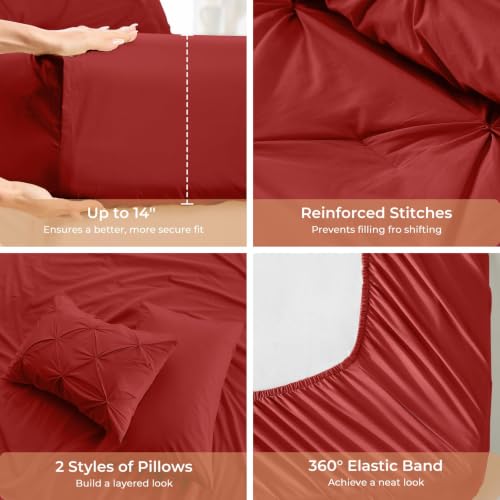 Image of Sasttie Full Size Comforter Set, 7-Piece Bed in a Bag Double, Pintuck Bedding Set for All Season, Includes Comforter, Flat Sheet, Fitted Sheet, Pillowcases and Pillowshams, Red