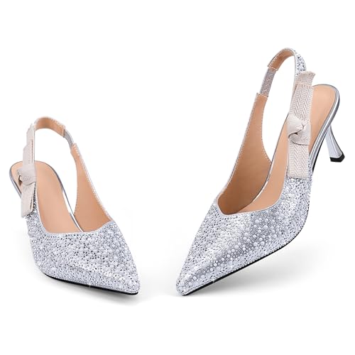 Women's Pointed Toe Slingback Heels Rhinestones Pearls Stiletto Kitten Heel Pumps Wedding Bridal Party Prom Shoes3
