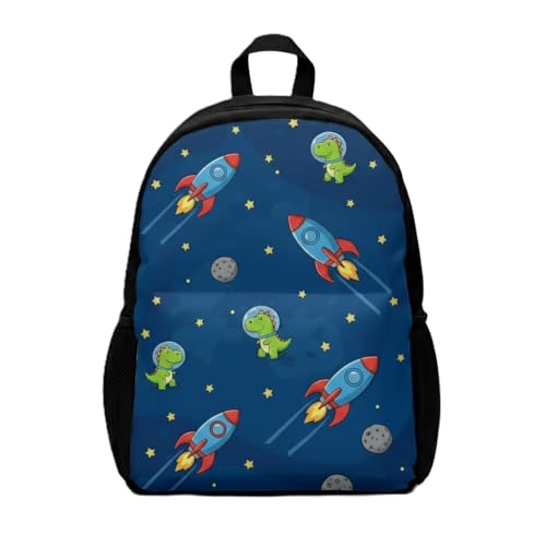 Mini Mochila Infantil Espacial com Dinossauros e Foguetes, Nylon 600, Azul, 11 x 27 x 38 cm, Alças Ajustáveis, Ideal para Escola e Passeios