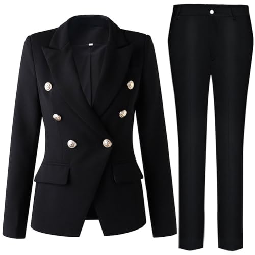 Mi Bo Tong Womens 2 PC Office Lady Suit Double Breasted Business Suit Jacket Pants Suit for Work Professional