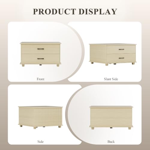 Image of MALOL Storage Coffee Table with 2 Drawers & Flip-Top Lid with Hidden Storage, Modern Fluted Wood Coffee Table, Solid Wood Legs, Square Center Table for Living Room, Light Wood