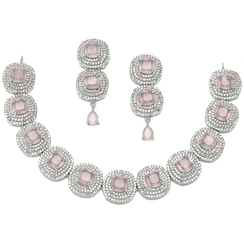 Image of ZENEME Rhodium Plated Silver Toned Triangular Shaped American Diamond Studded Jewellery Set For Women and Girl