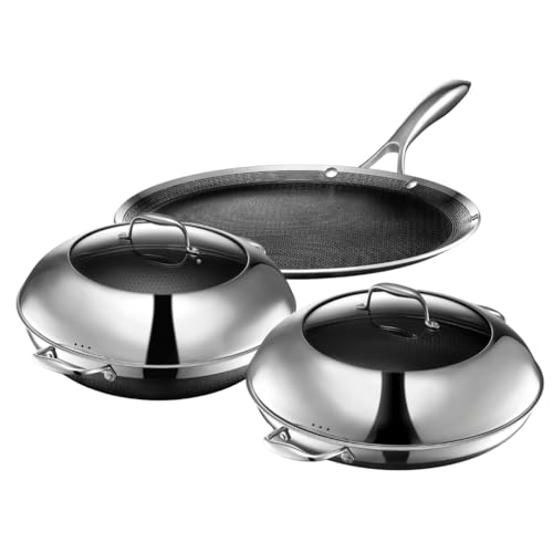 Comparison: Best Hexclad Hybrid 14 Pan 10 HexClad Hybrid Nonstick 5-Piece Cookware Set, 14" Pan with Lid, 14" Wok with Lid, and 12" Griddle, Stay-Cool Handles, Dishwasher and Oven-Safe, Induction Ready, Compatible with All Cooktops