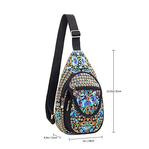 Image of SILKAREA Embroidered Boho Small Sling Bag for Women Travel Chest Bag Crossbody Backpack Purse Shoulder Bag (Blue)