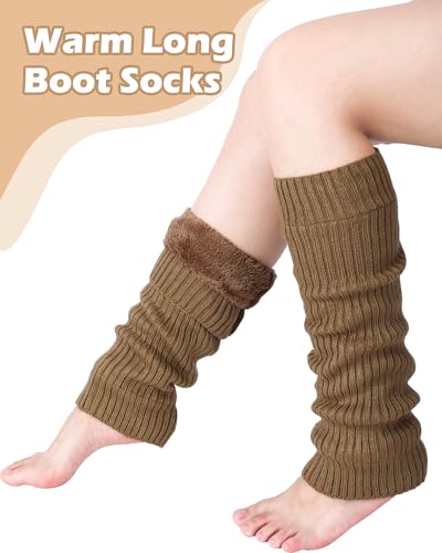 Chuarry 5 Pairs Women Fleece Lined Leg Warmers Warm Long Boot Socks Knit Thick Calf Warmers for Winter Ice Skating Daily Wear4