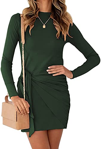 BTFBM Women Casual Crew Neck Long Sleeve Dresses Solid Color Slim Fit Tie Waist Ruched Bodycon Short Mini T Shirt Dress(Solid Dark Green, Medium)