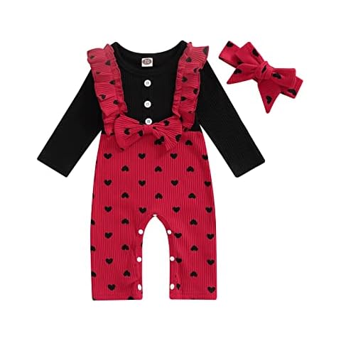 Newborn Baby Girl Clothes Baby Girl Romper Long Sleeve Ribbed Jumpsuit Heart Print One Piece+Headband Fall Winter Baby Girl Outfits (12-18 Months,A Red) Cover