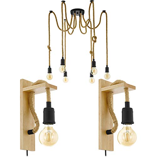 Image of Multi-Bulb Ceiling Pendant Light & 2X Matching Wall Lights- Black & Rope Trendy - Linear Adjustable Spotlight Hanging Kitchen Island Set Kit