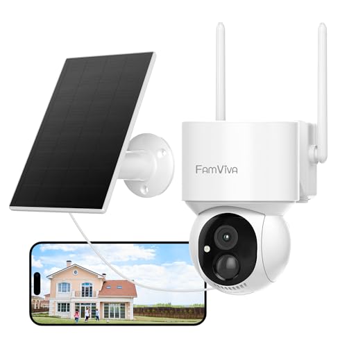2K Solar Security Cameras Wireless Outdoor, 360°PTZ Battery Powered Cameras for Home Security, 2.4G WiFi Outdoor Camera with Color Night Vision, IP66 Waterproof, Motion Sensor Alarm, White