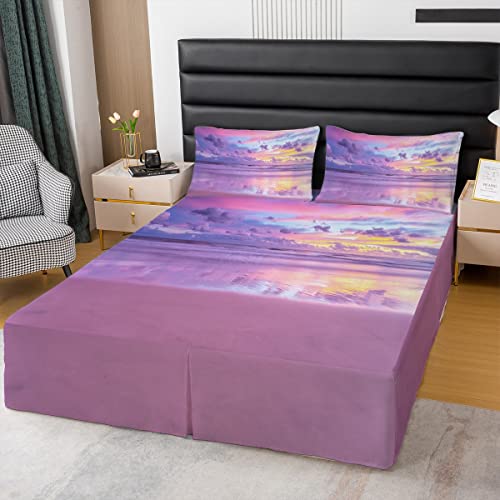 Hawaii Beach Bed Skirts Ocean Bedskirt For Kids Child,Sea Sunset Purple Bed Skirt King,Tropical Coastal Bedding Decor Lavender Clouds Nature Scenery Ocean Decor Beach Decor #TOP25