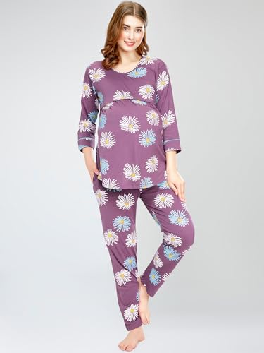 Image of ZEYO Cotton Blend Women's Cotton Floral Printed Nursing & Maternity Night Suit Set Of Top & Relaxed Pyjama Feeding Night Dress 5804