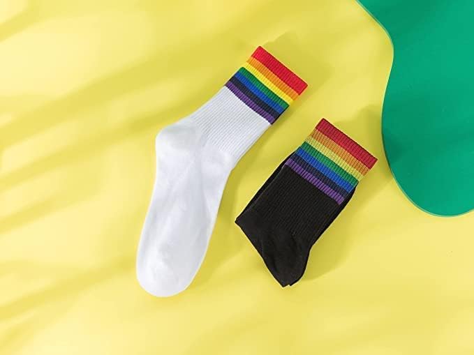 Miniatura 8 de 6 pares de calcetines de arco iris para mujer, a rayas, retro, calcetines atléticos para correr, calcetines casuales de algodón, blanco y negro,