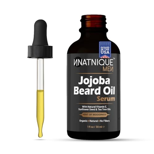 Natnique Men Jojoba Beard Oil Serum with Natural Vitamin E, Sunflower Seed & Tea Tree Oils. Organic, Pure, Natural, No Fillers. Beard Conditioner for Softening, Moisturizing, Itch & Dandruff Free 1 Oz
