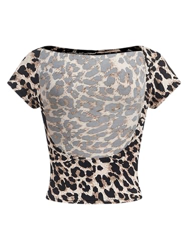 GORGLITTER Girl's Leopard Cheetah Y2k T Shirt Open Back Short Sleeve Crop Top Boat Neck Slim Fit Tee