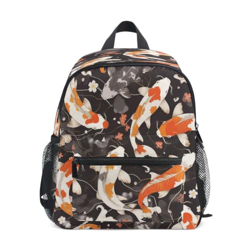 Sac à dos enfant motif poissons japonais cartable scolaire noir pour garçon et fille 3-8 ans