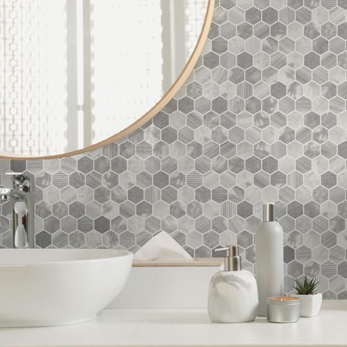 Holden Talara Tiles Hexara Vinyl Hexagonal Design Honeycomb Mosaic Style Pattern Wallpaper with Metallic Finish Ideal for Kitchens Bathrooms Feature Walls Living Rooms Grey (89401)
