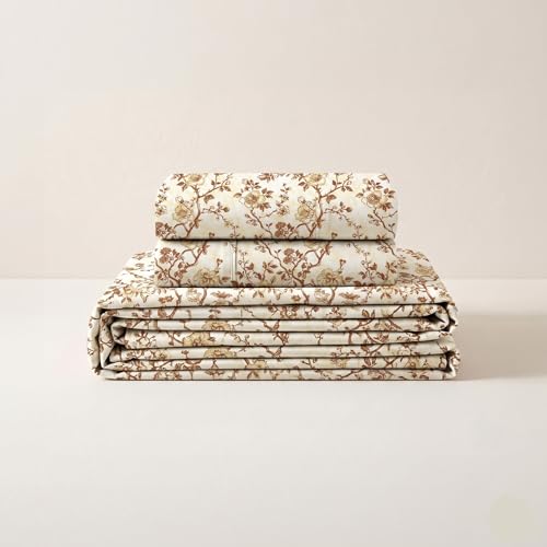 Image of LANE LINEN Symphony | 100% Cotton Sheet Set | Soft & Breathable Fabric | 3 Piece (1 Bedsheet + 2 Pillow Covers) | Double Bed Sheet Set - Gold Flower Pattern