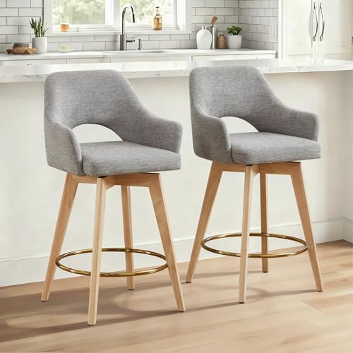 Image of Zesthouse Swivel Counter Stools Set of 2, Wooden Counter Height Bar Stools with Back & Arm, Upholstered Linen Fabric Barstools with Solid Wood Leg & Gold Footrest, Grey High Chairs for Kitchen Island