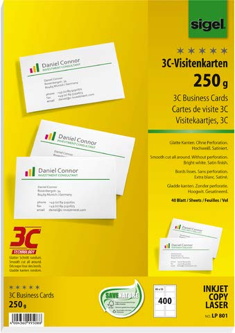 SIGEL Tarjetas de visita 3C, inyección de tinta, láser y fotocopiadora, cartón noble, 250 g/m², 85 x 55 mm, color blanco brillante, borde liso (400 unidades), 1 paquete de 400 unidades