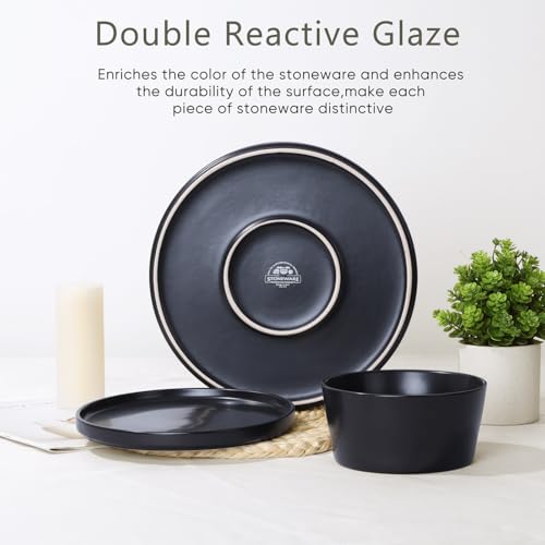 Herogo 18 Pieces Stoneware Dinnerware Sets for 6, Dinner Plates and Bowls Set, Reactive Glaze Dishes for Kitchen, Chip Resistant, Microwave & Dishwasher Safe, Matte Black by Herogo - Image 3