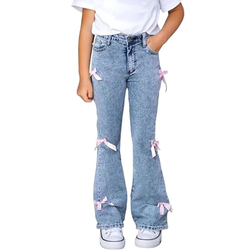 Bow Flare Jeans for Girls Y2K Cute Bell Bottom Kids Streetwear Flare Bottoms Jean Pants with Pockets Skinny Trousers