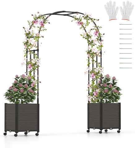 GOPLUS Rosenbogen mit Pflanzkästen, Gartenbogen mit Metallrahmen