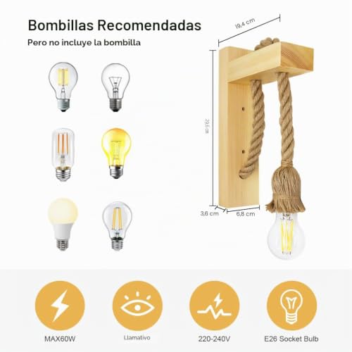 Lámpara de pared vintage de cuerda E27 para iluminar pasillos oscuros 3