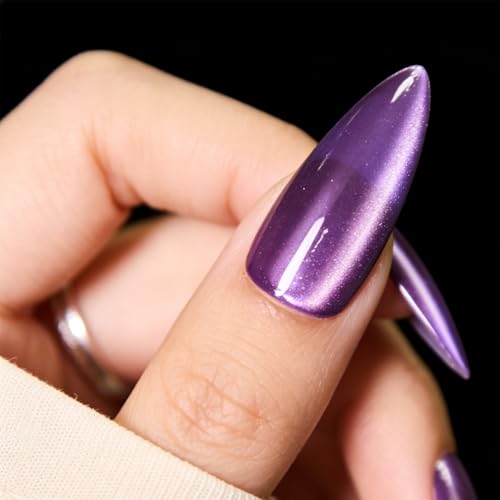 Cat Eye Press on Nails Medium, Fashion Purple Glitter Press on Nails, Soft Gel Fake Nails, Reusable & Natural Acrylic False Nails, Stick on Nails for Women Gift, Glue on Nails Kit 30 Pcs